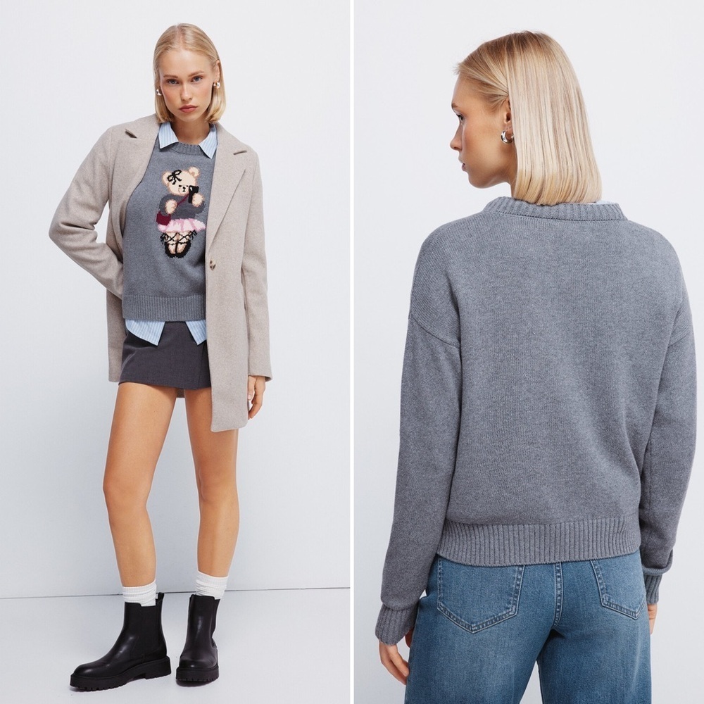 Springfield Gray Crew Neck Jersey Intarsia Oso Bear Sweater Women’s Size Large